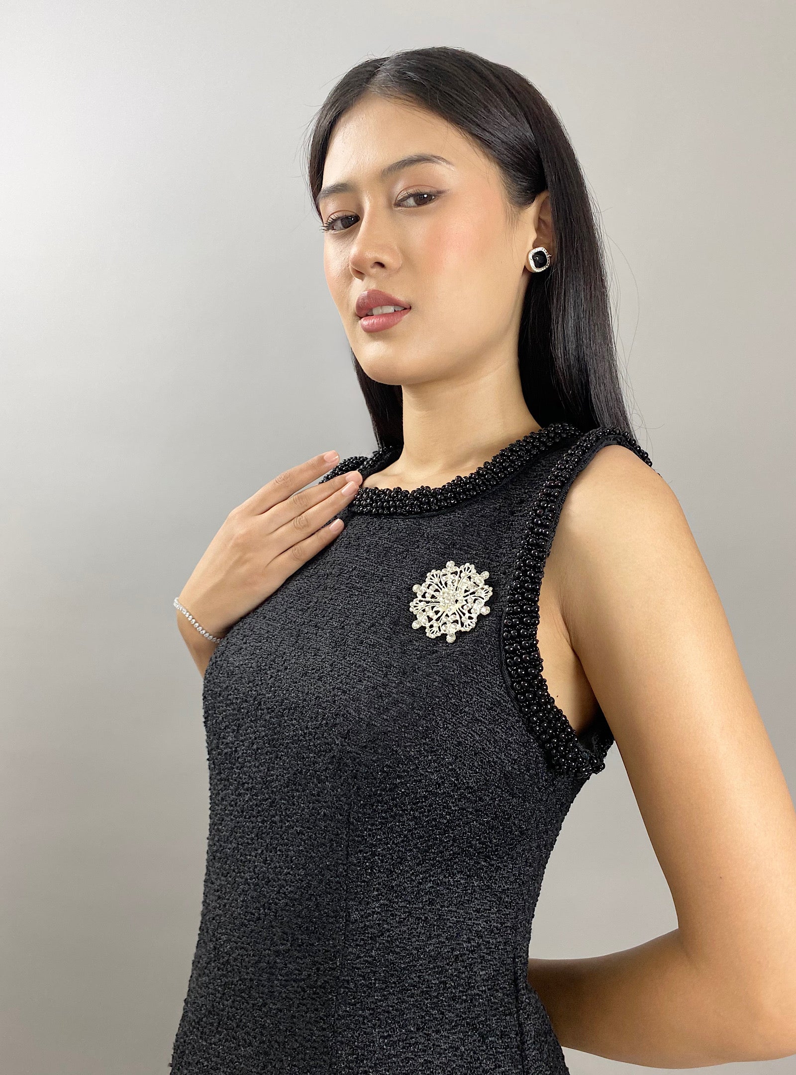 Brooch’d Bouclé Mini Dress