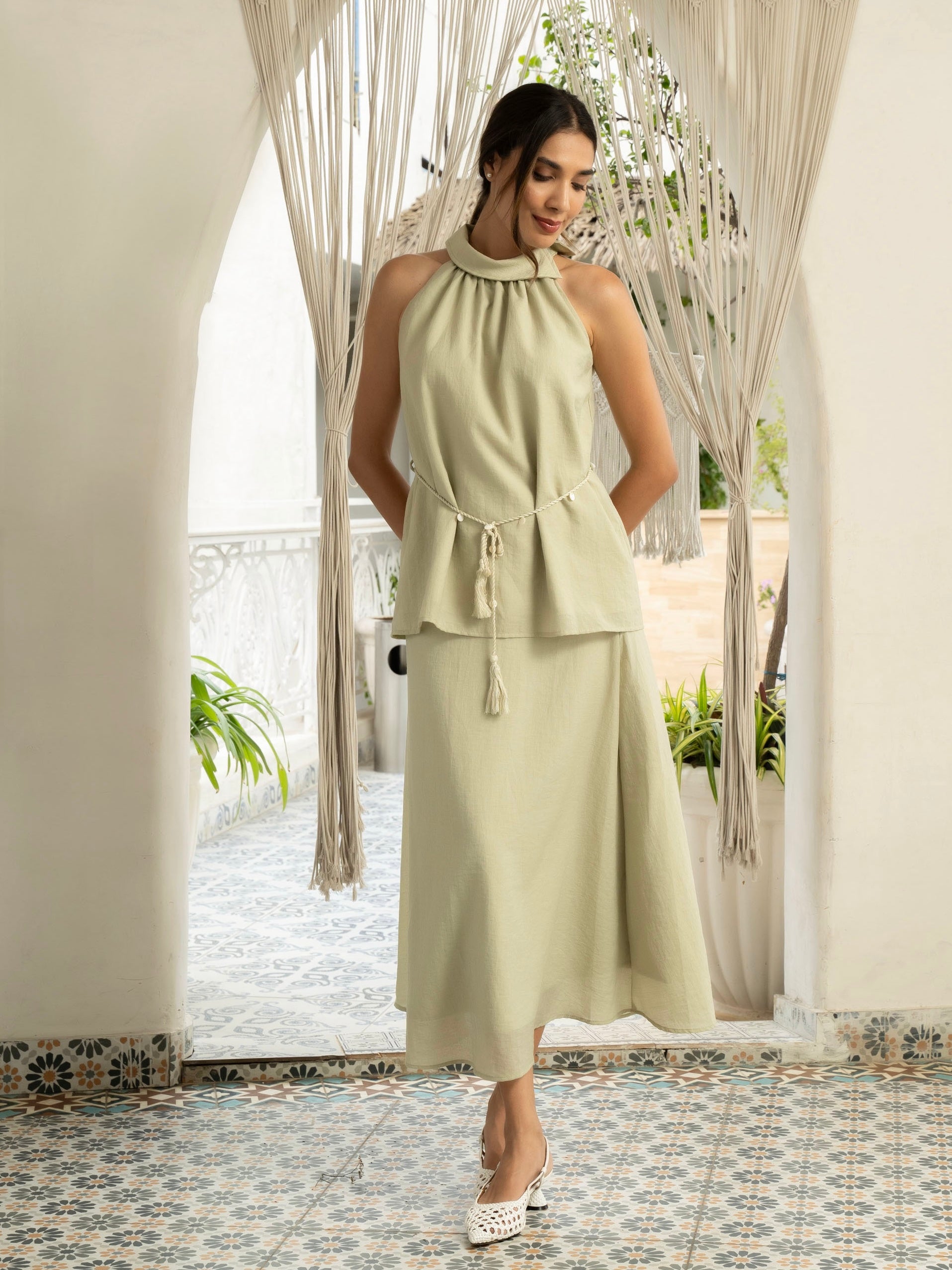Front view of model wearing Sage Green Halter Coord Set with artisanal waist rope - MISSVI