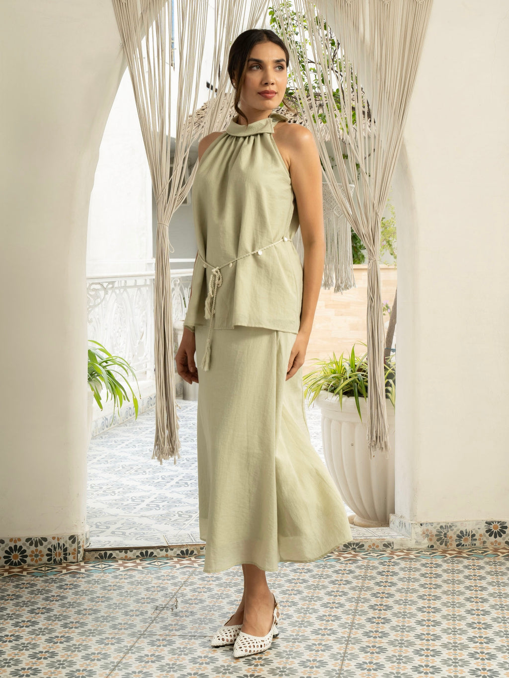 Side view of model wearing Sage Green Halter Coord Set with artisanal waist rope - MISSVI