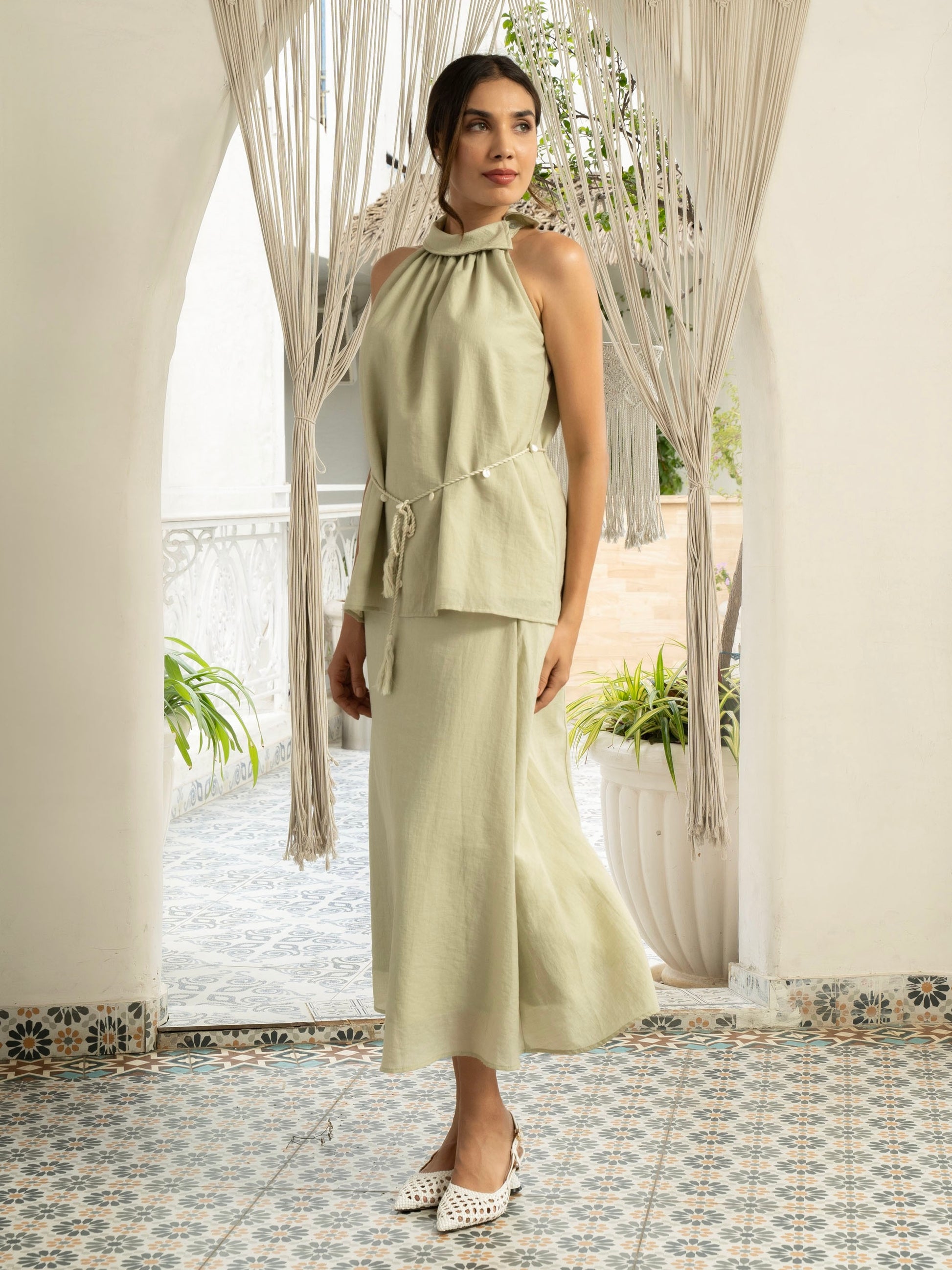 Side view of model wearing Sage Green Halter Coord Set with artisanal waist rope - MISSVI